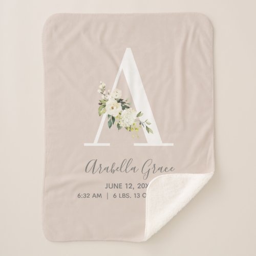 Blush Pink Floral Letter A Baby Script Birth Stats Sherpa Blanket