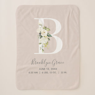 Blush Pink Floral Letter B Baby Script Birth Stats Sherpa Blanket