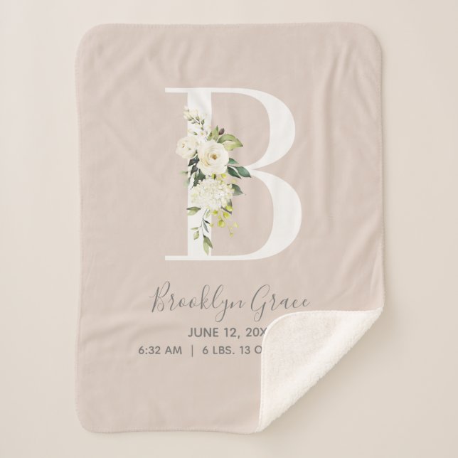 Blush Pink Floral Letter B Baby Script Birth Stats Sherpa Blanket (Front)