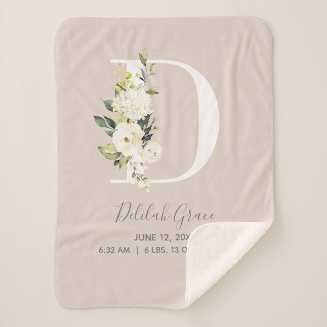 Blush Pink Floral Letter D Baby Script Birth Stats Sherpa Blanket (Front)