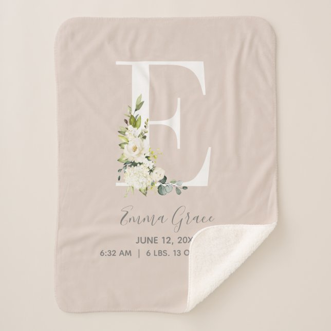 Blush Pink Floral Letter E Baby Script Birth Stats Sherpa Blanket (Front)