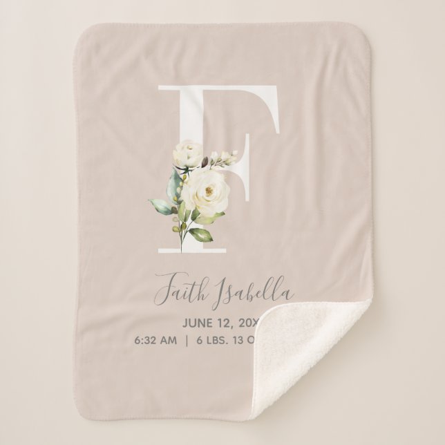Blush Pink Floral Letter F Baby Script Birth Stats Sherpa Blanket (Front)