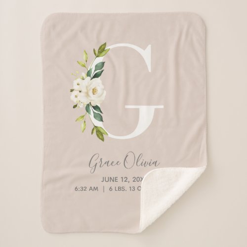 Blush Pink Floral Letter G Baby Script Birth Stats Sherpa Blanket