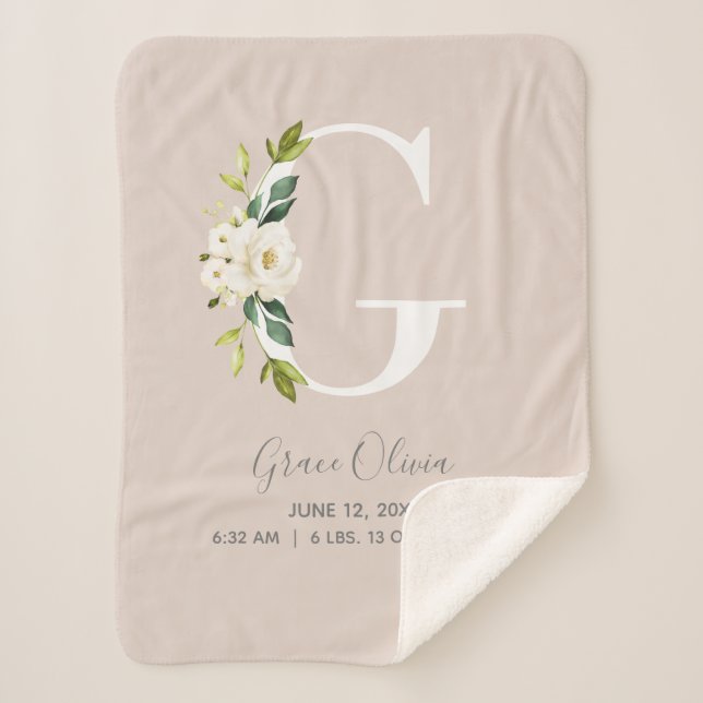 Blush Pink Floral Letter G Baby Script Birth Stats Sherpa Blanket (Front)