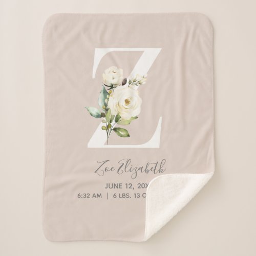 Blush Pink Floral Letter K Baby Script Birth Stats Sherpa Blanket