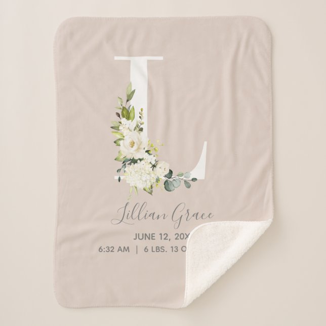 Blush Pink Floral Letter L Baby Script Birth Stats Sherpa Blanket (Front)