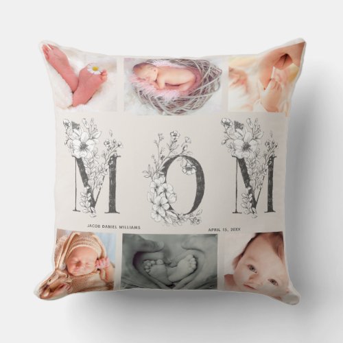 Blush Pink Floral Letter Mom 6 Photo Mothers Day Throw Pillow