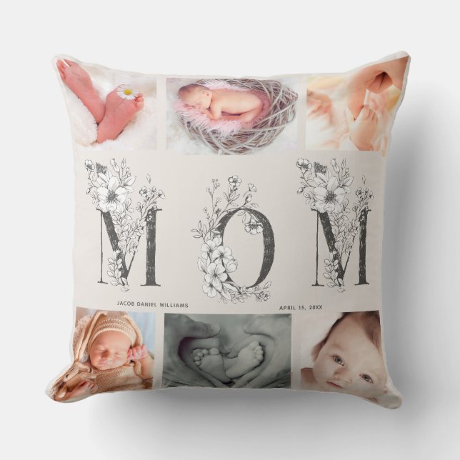 Blush Pink Floral Letter Mom 6 Photo Mother's Day Throw Pillow (Front)