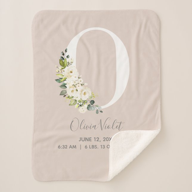 Blush Pink Floral Letter O Baby Script Birth Stats Sherpa Blanket (Front)