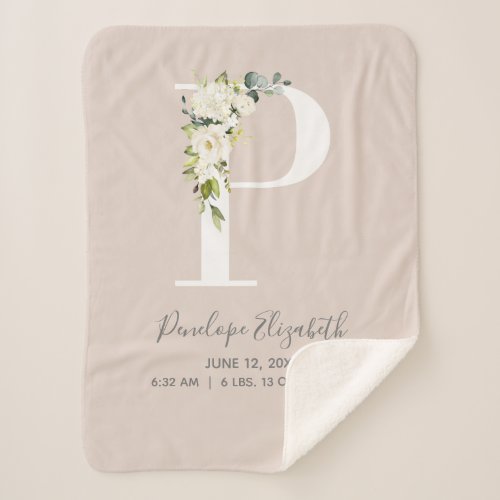 Blush Pink Floral Letter P Baby Script Birth Stats Sherpa Blanket