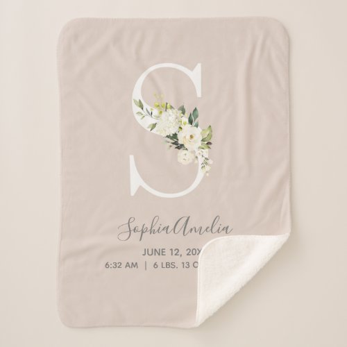 Blush Pink Floral Letter S Baby Script Birth Stats Sherpa Blanket