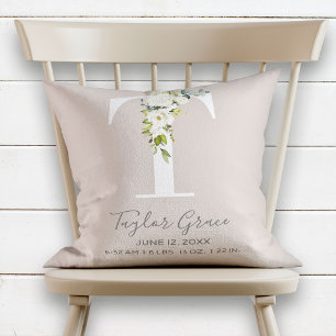 Blush Pink Floral Letter T Baby Script Birth Stats Throw Pillow