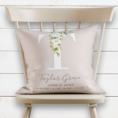 Blush Pink Floral Letter T Baby Script Birth Stats Throw Pillow