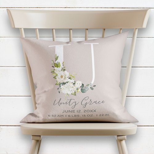 Blush Pink Floral Letter U Baby Script Birth Stats Throw Pillow