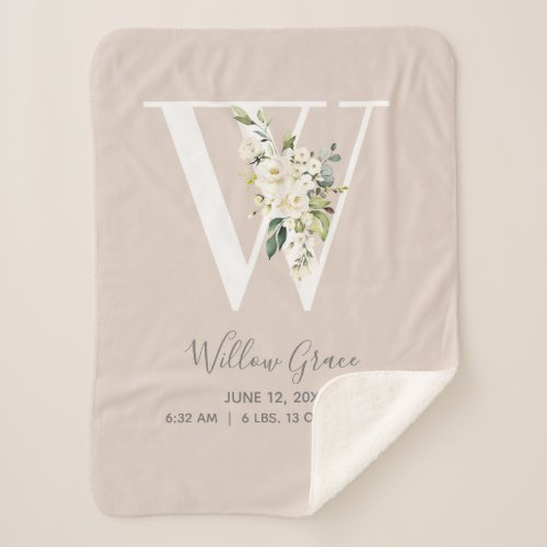 Blush Pink Floral Letter W Baby Script Birth Stats Sherpa Blanket