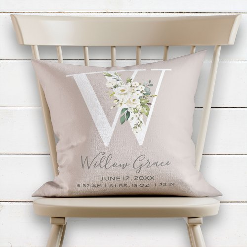 Blush Pink Floral Letter W Baby Script Birth Stats Throw Pillow