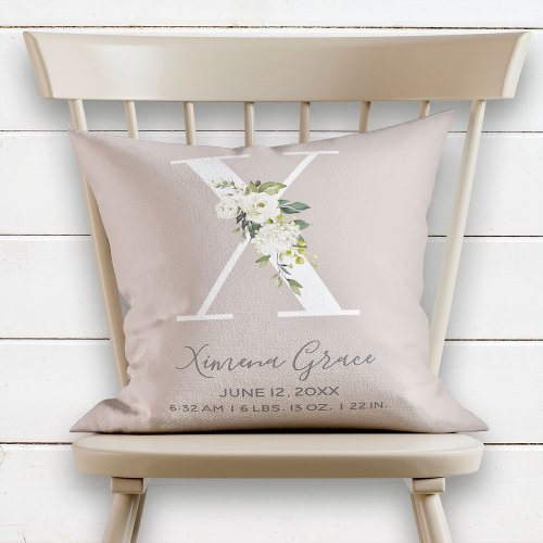Blush Pink Floral Letter X Baby Script Birth Stats Throw Pillow