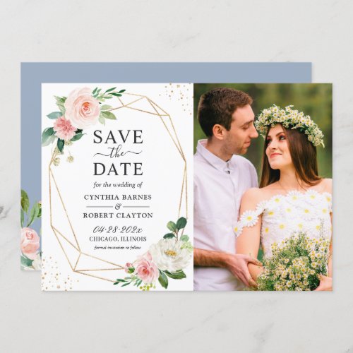 Blush Pink Floral Light Blue Gold Geometric Photo Save The Date