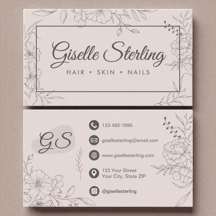 Blush Pink Floral Line Art Elegant Script Business Card