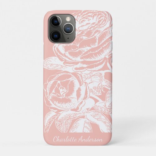 Blush Pink Floral Line Art Personalized iPhone 11 Pro Case