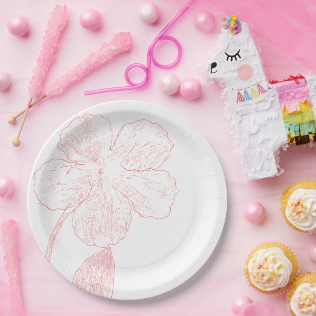 Blush Pink Floral Line Art Wedding  Paper Plates (Party)