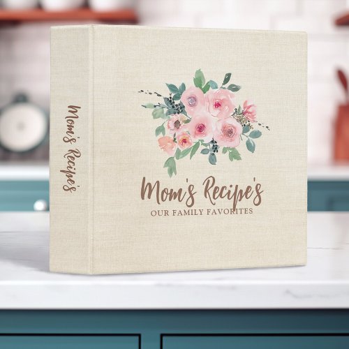 Blush Pink Floral Linen Mothers Day Recipe 3 Ring Binder