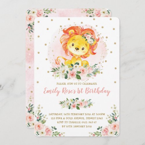 Blush Pink Floral Lion 1st Birthday Girly Wild One Invitation