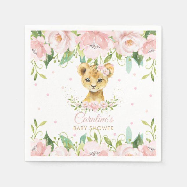 Blush Pink Floral Lion Baby Shower Birthday Napkins (Front)