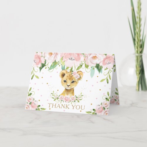 Blush Pink Floral Lion Baby Shower Birthday Thank You Card