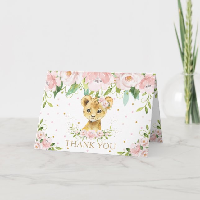 Blush Pink Floral Lion Baby Shower Birthday Thank You Card (Front)
