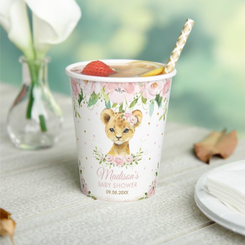 Blush Pink Floral Lion Cub Baby Shower Birthday Paper Cups