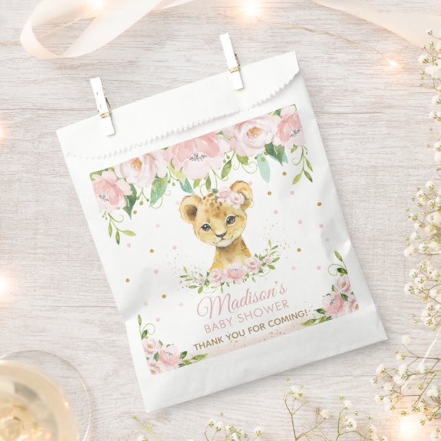 Blush Pink Floral Lion Cub Baby Shower Thank You Favor Bag (Clipped)