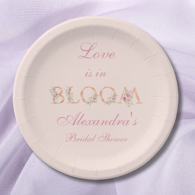Blush Pink Floral Love is in Bloom Bridal Shower Paper Plates (Creator Uploaded)