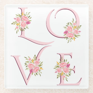 Blush pink floral Love typography Valentines Day Glass Coaster