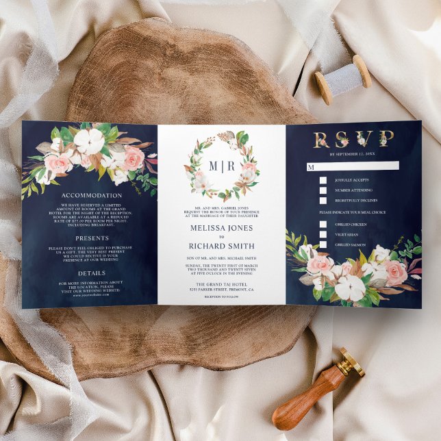 Blush Pink Floral Magnolia Cotton Navy Wedding Tri-Fold Invitation (Creator Uploaded)