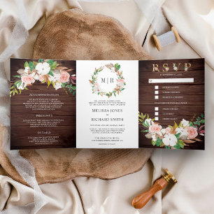 Blush Pink Floral Magnolia Cotton Wood Wedding Tri-Fold Invitation