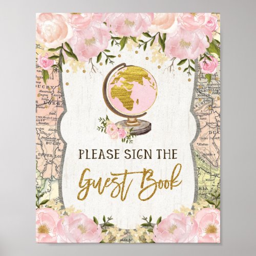 Blush Pink Floral Map Adventure Guest Book Sign