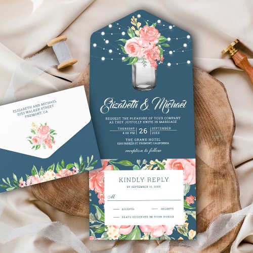 Blush Pink Floral Mason Jar Dusty Blue Wedding All In One Invitation
