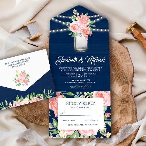 Blush Pink Floral Mason Jar Navy Blue Wood Wedding All In One Invitation