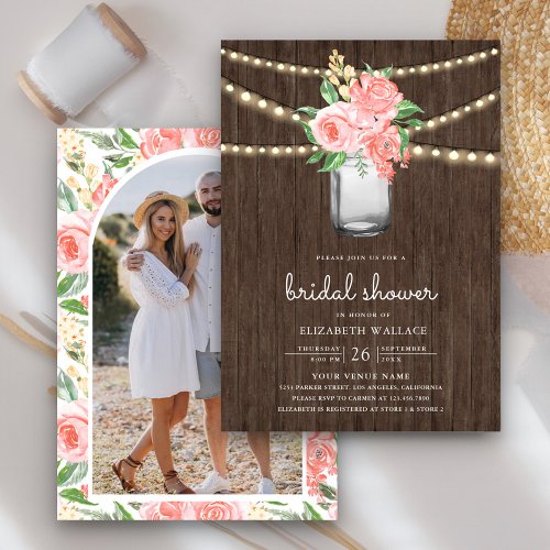 Blush Pink Floral Mason Jar Photo Bridal Shower Invitation