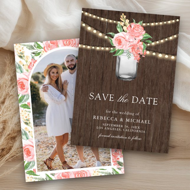 Blush Pink Floral Mason Jar Photo Wedding Save The Date (Creator Uploaded)