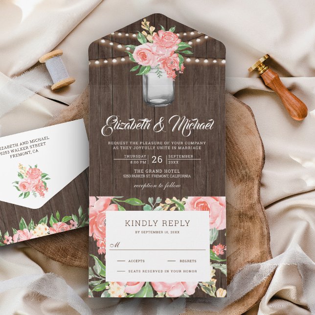 Blush Pink Floral Mason Jar Rustic Wood Wedding All In One Invitation (Creator Uploaded)