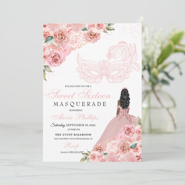 Blush Pink Floral Masquerade Sweet 16 Invitation (Standing Front)