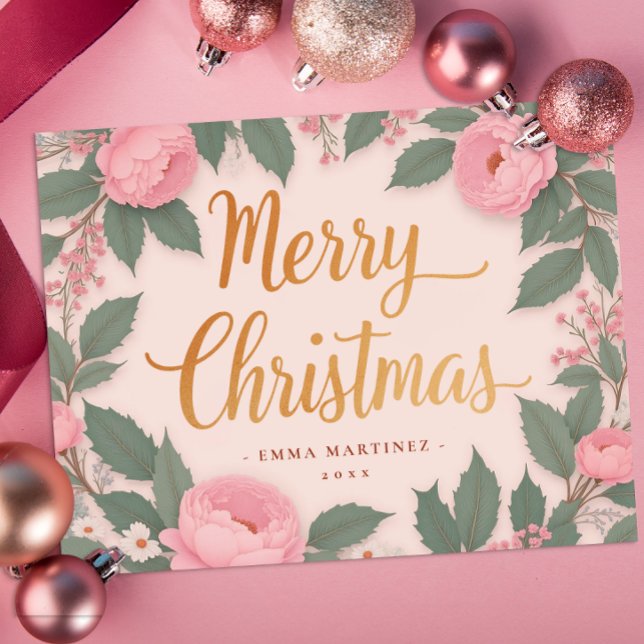 Blush Pink Floral Merry Christmas Card (Floral Christmas Card)