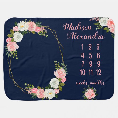 Blush Pink Floral Milestone Baby Blanket on Navy