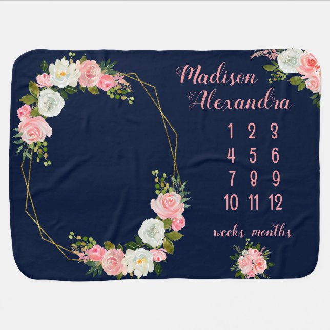 Blush Pink Floral Milestone Baby Blanket on Navy (Horizontal)