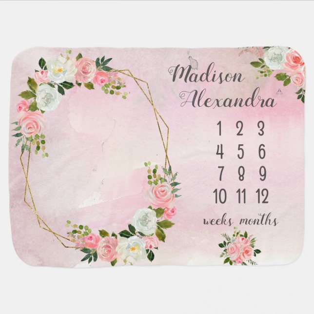 Blush Pink Floral Milestone Baby Blanket on Pink (Horizontal)