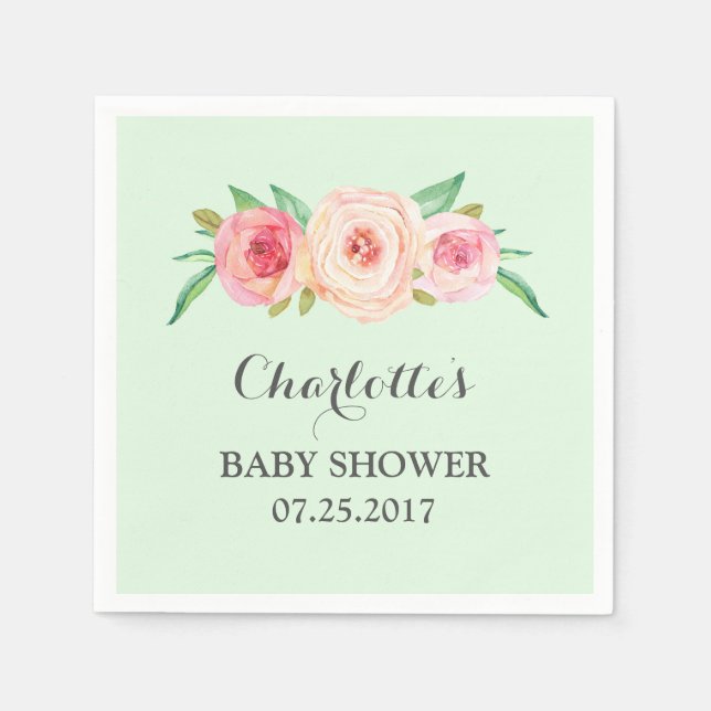 Blush Pink Floral Mint Baby Shower Napkins (Front)