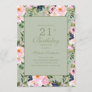 Blush Pink Floral Mint Green 21st Birthday Invitation