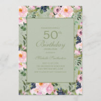 Blush Pink Floral Mint Green 50th Birthday